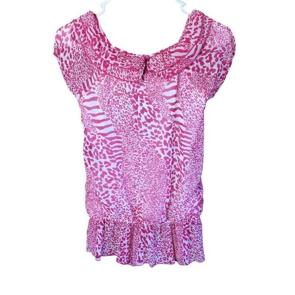 Tempted Blouse Pink White Animal Print Ruffled Layered Scoop Neck Large Girls - Picture 11 of 12